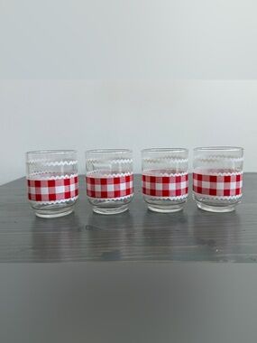 4 x vintage Libby red county gingham glasses